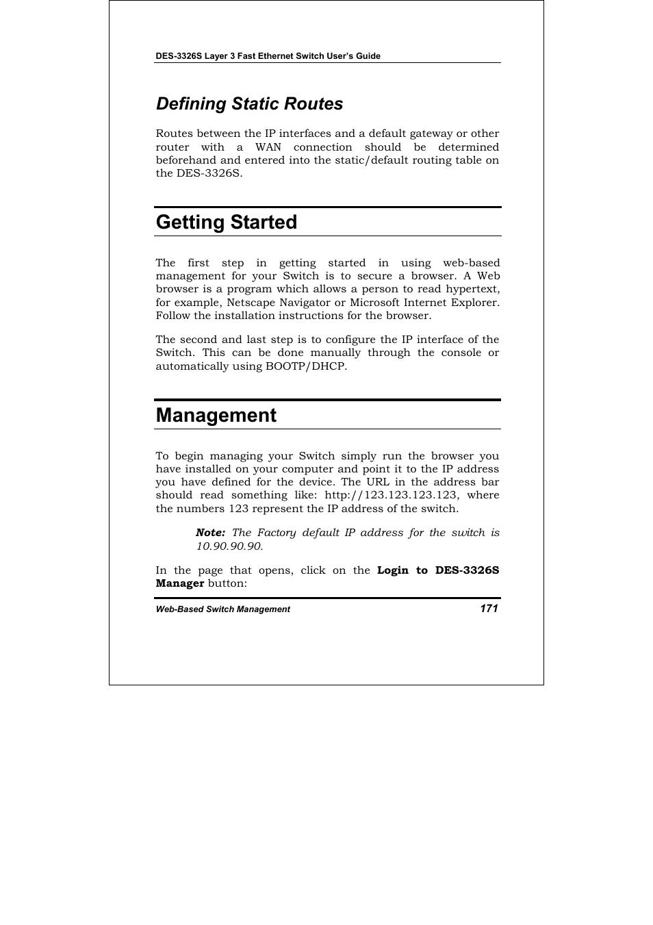 Defining static routes, Getting started, Management | D-Link DES-3326S User Manual | Page 171 / 349