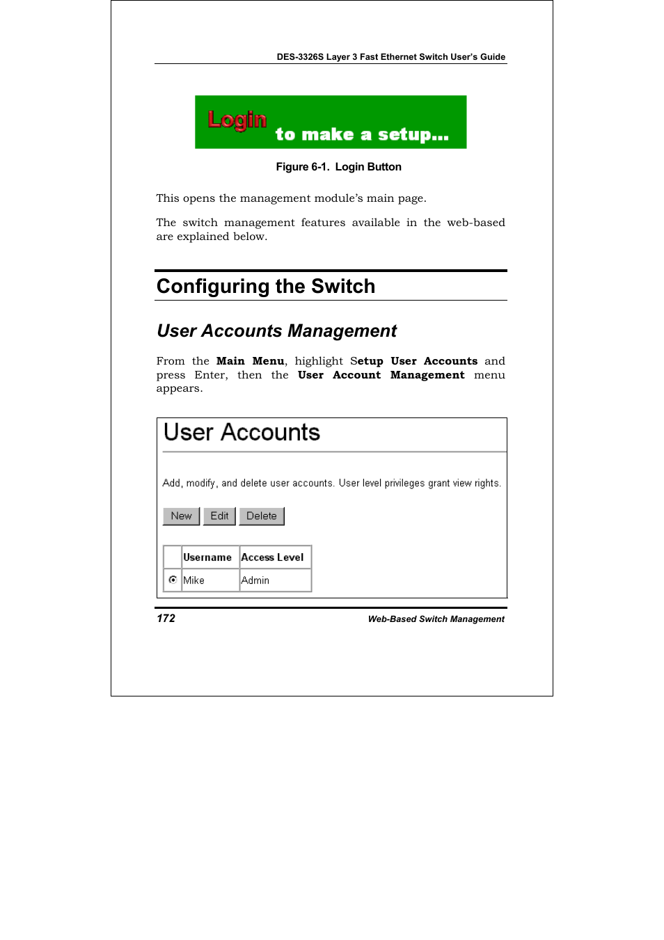 Configuring the switch, User accounts management | D-Link DES-3326S User Manual | Page 172 / 349