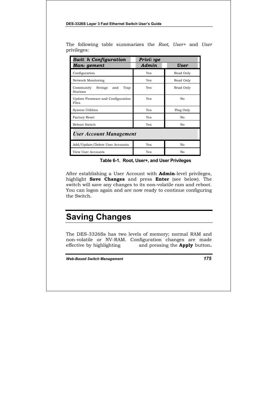 Saving changes, User account management | D-Link DES-3326S User Manual | Page 175 / 349