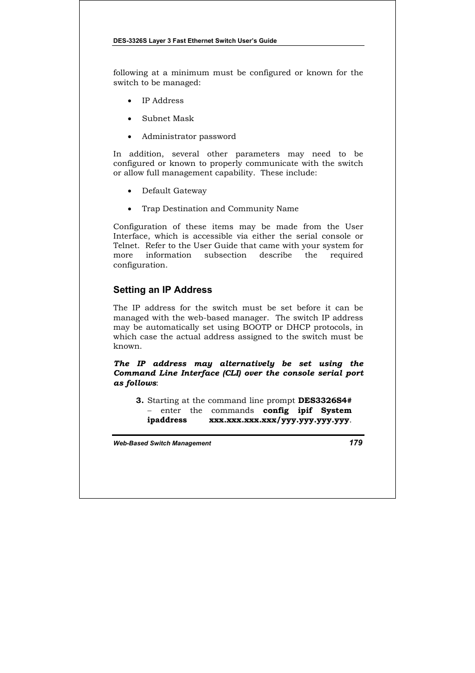 Setting an ip address | D-Link DES-3326S User Manual | Page 179 / 349