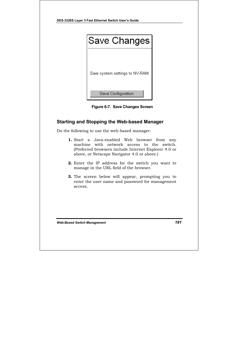 Starting and stopping the web-based manager | D-Link DES-3326S User Manual | Page 181 / 349