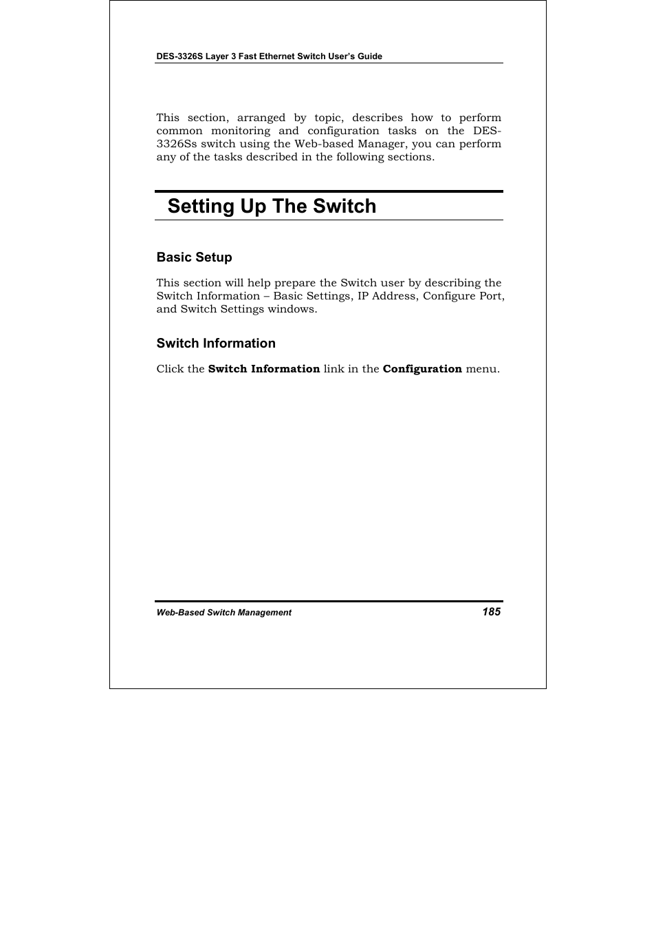 Setting up the switch | D-Link DES-3326S User Manual | Page 185 / 349