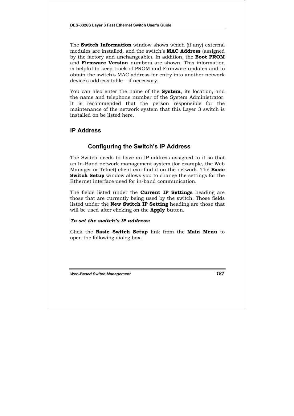 Configuring the switch’s ip address, Ip address configuring the switch’s ip address | D-Link DES-3326S User Manual | Page 187 / 349