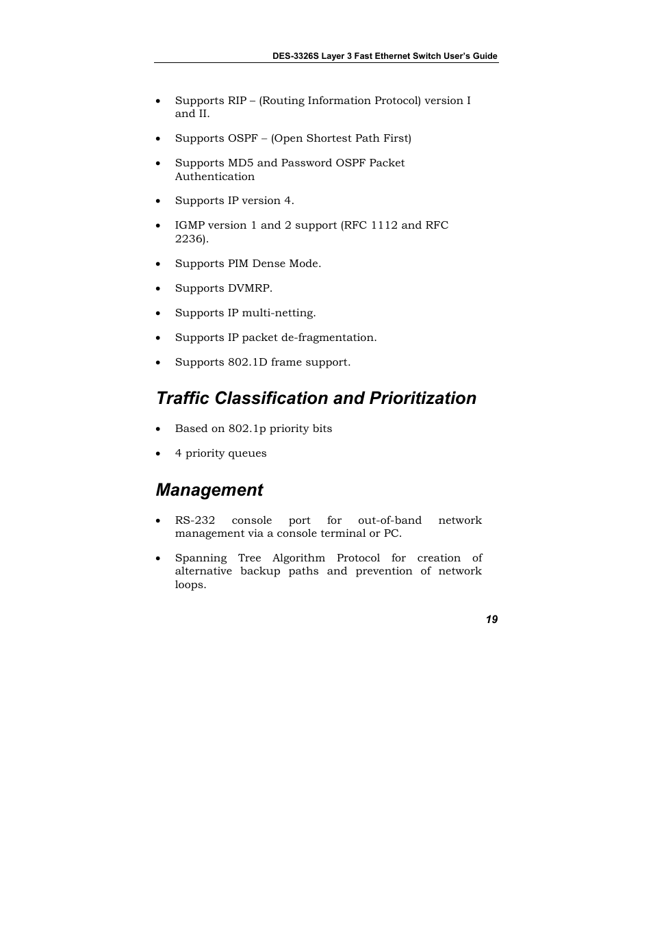 Traffic classification and prioritization, Management | D-Link DES-3326S User Manual | Page 19 / 349