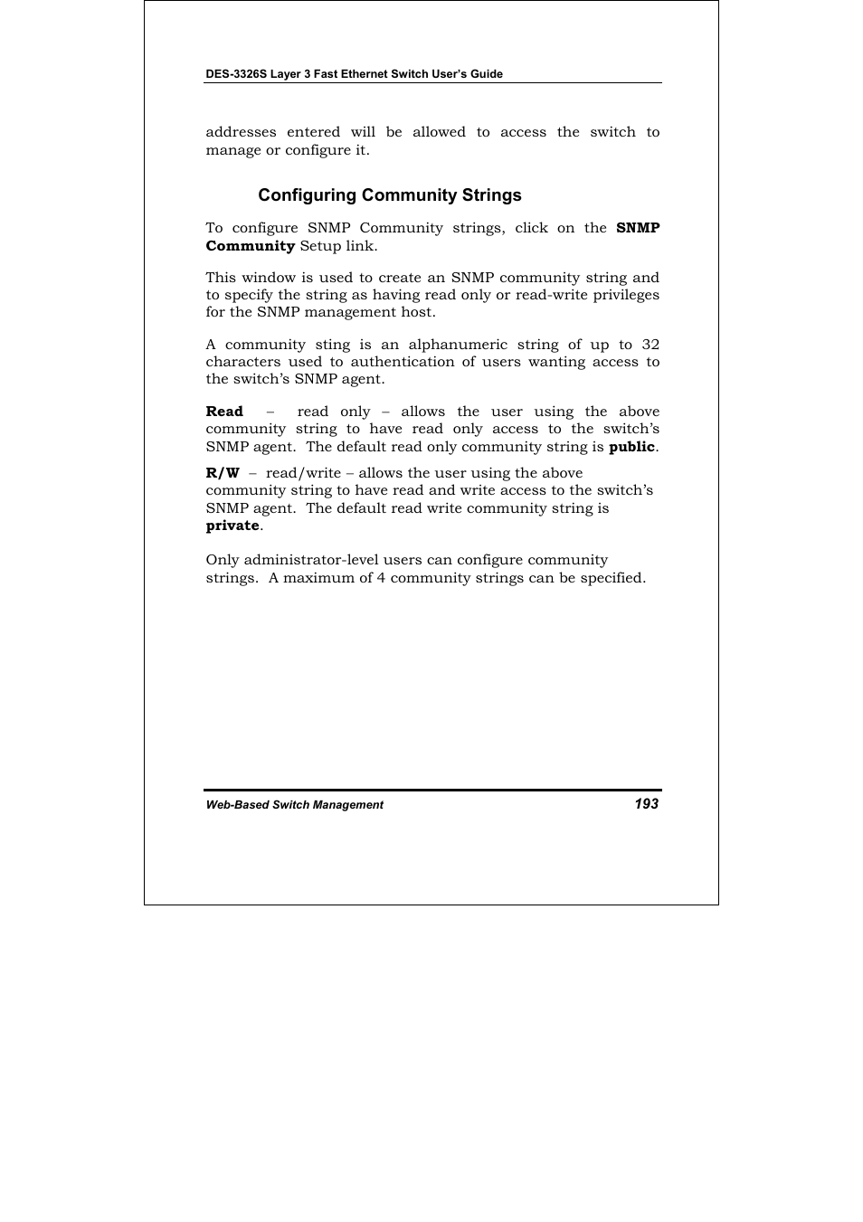 Configuring community strings | D-Link DES-3326S User Manual | Page 193 / 349
