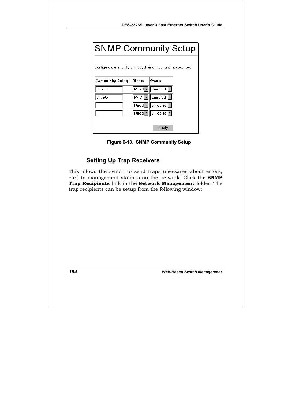 Setting up trap receivers | D-Link DES-3326S User Manual | Page 194 / 349