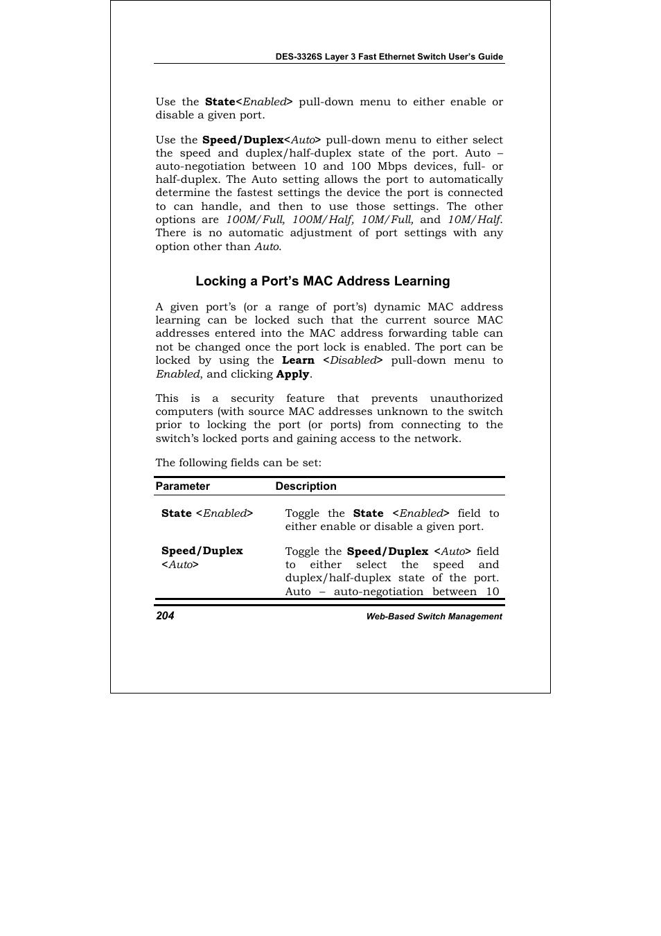 Locking a port’s mac address learning | D-Link DES-3326S User Manual | Page 204 / 349