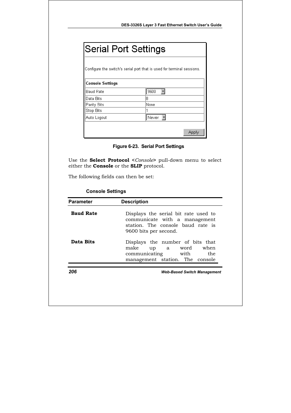 Console settings | D-Link DES-3326S User Manual | Page 206 / 349