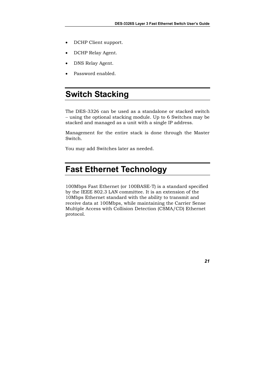Switch stacking, Fast ethernet technology | D-Link DES-3326S User Manual | Page 21 / 349