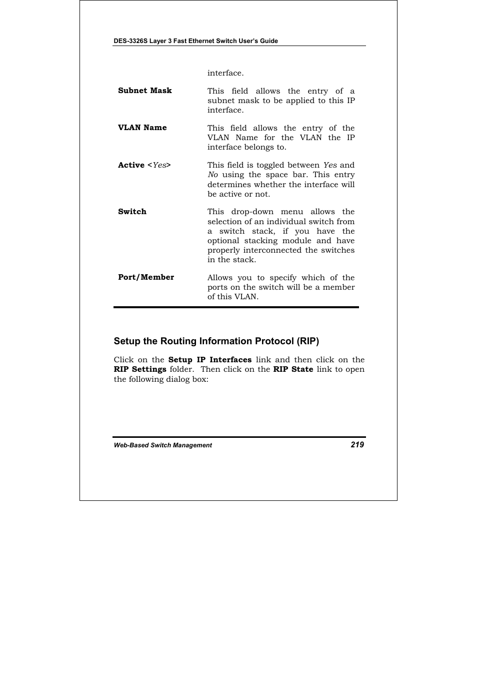 Setup the routing information protocol (rip) | D-Link DES-3326S User Manual | Page 219 / 349