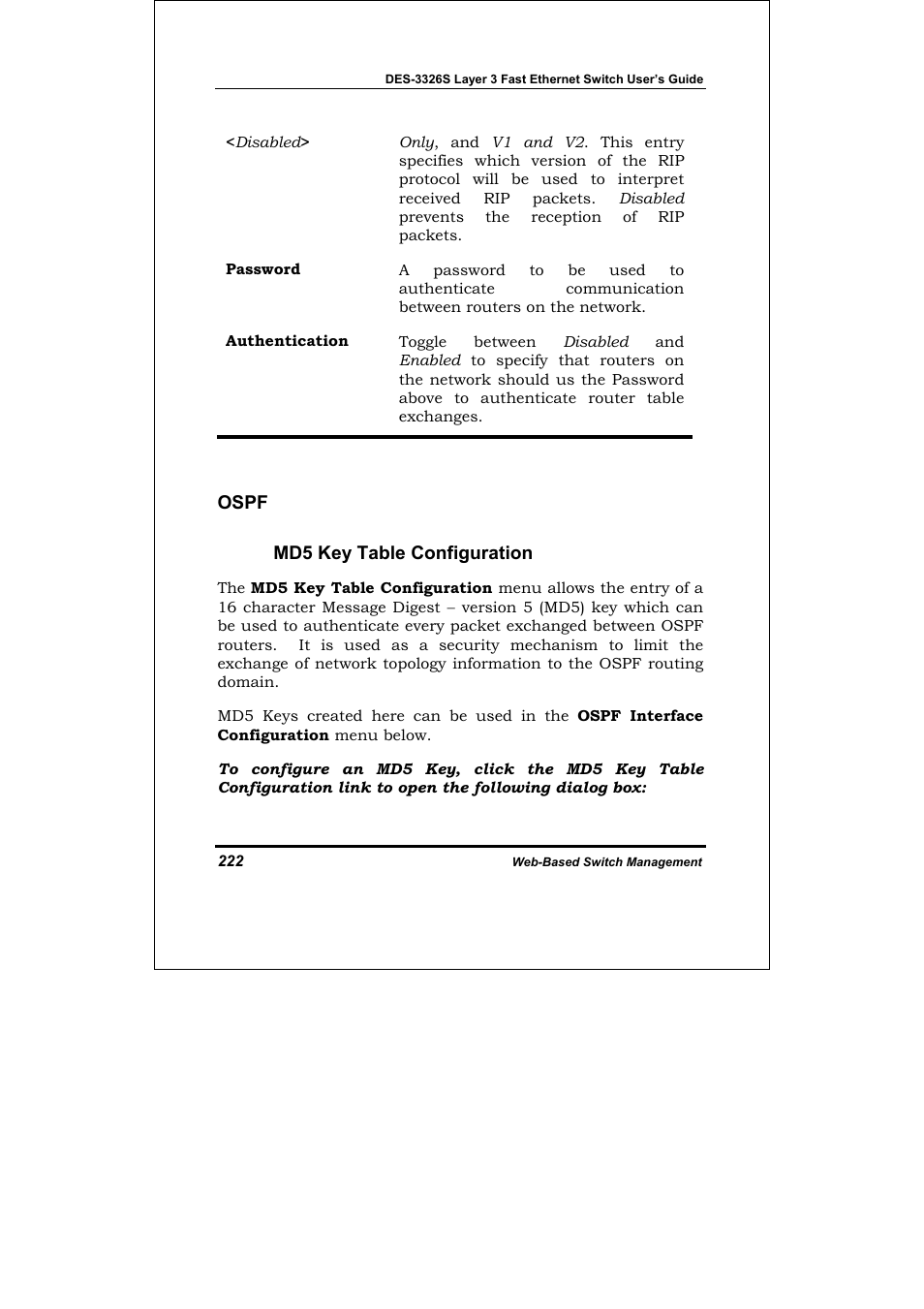 Ospf md5 key table configuration | D-Link DES-3326S User Manual | Page 222 / 349
