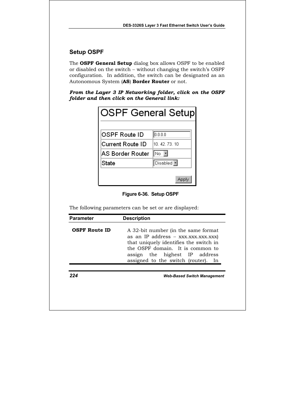 Ospf area setting, Setup ospf | D-Link DES-3326S User Manual | Page 224 / 349