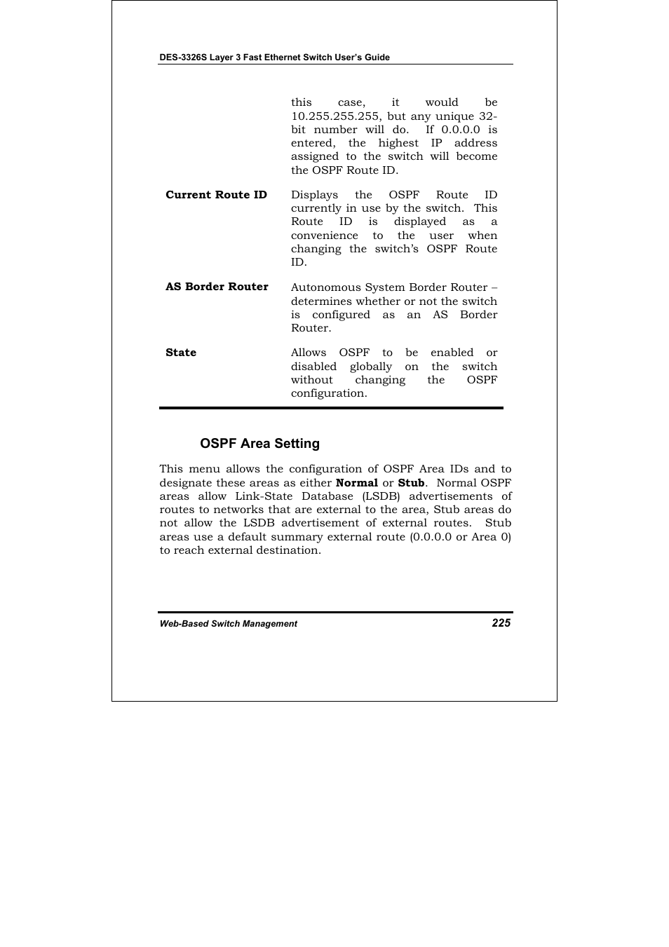 Ospf area setting | D-Link DES-3326S User Manual | Page 225 / 349