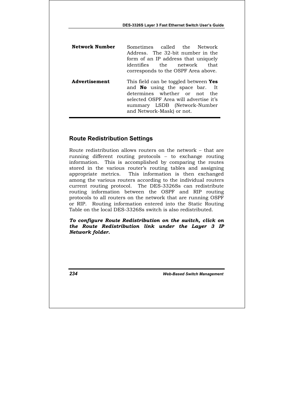 Route redistribution settings | D-Link DES-3326S User Manual | Page 234 / 349