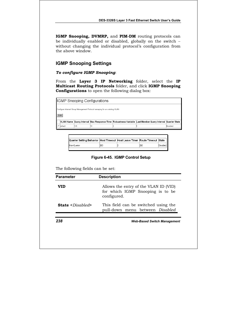 Igmp interface configuration, Igmp snooping settings | D-Link DES-3326S User Manual | Page 238 / 349