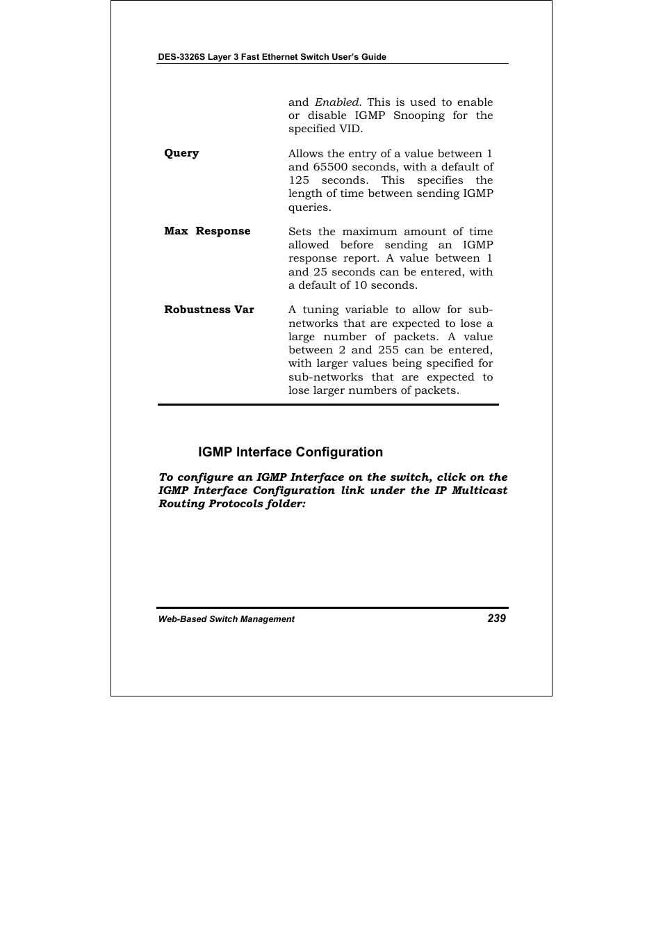 Igmp interface configuration | D-Link DES-3326S User Manual | Page 239 / 349