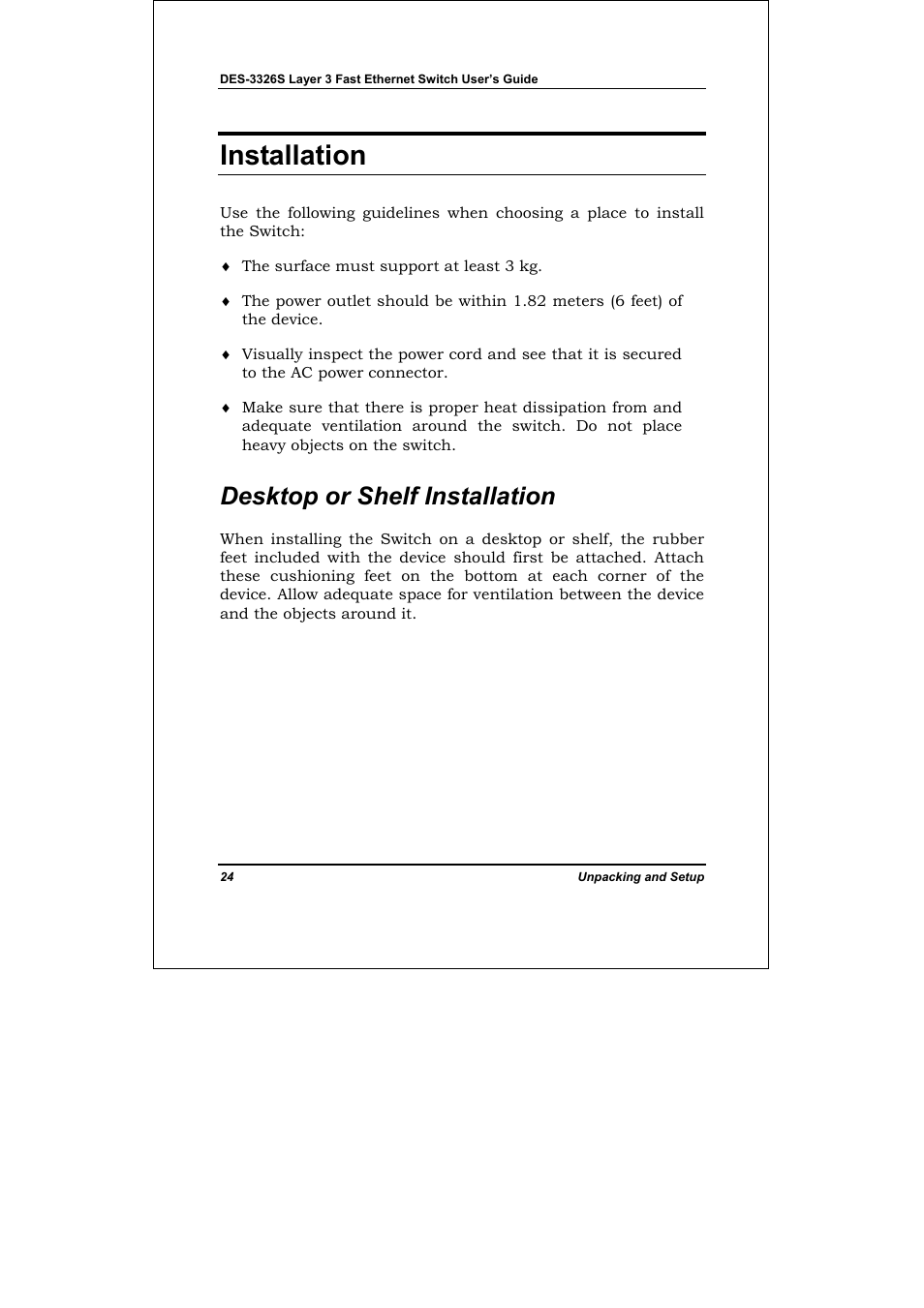 Installation, Desktop or shelf installation | D-Link DES-3326S User Manual | Page 24 / 349