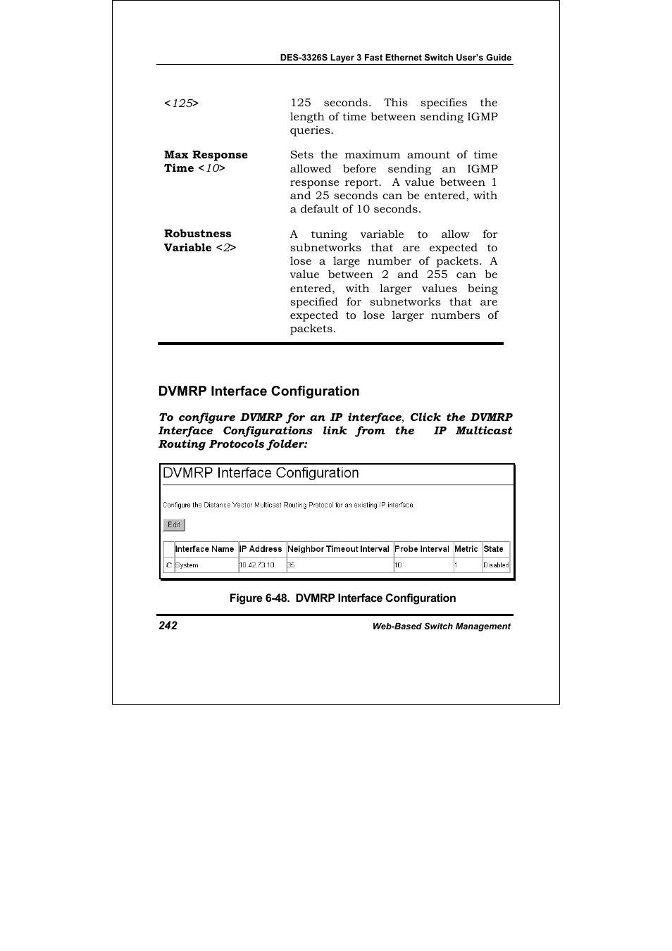 Dvmrp interface configuration | D-Link DES-3326S User Manual | Page 242 / 349