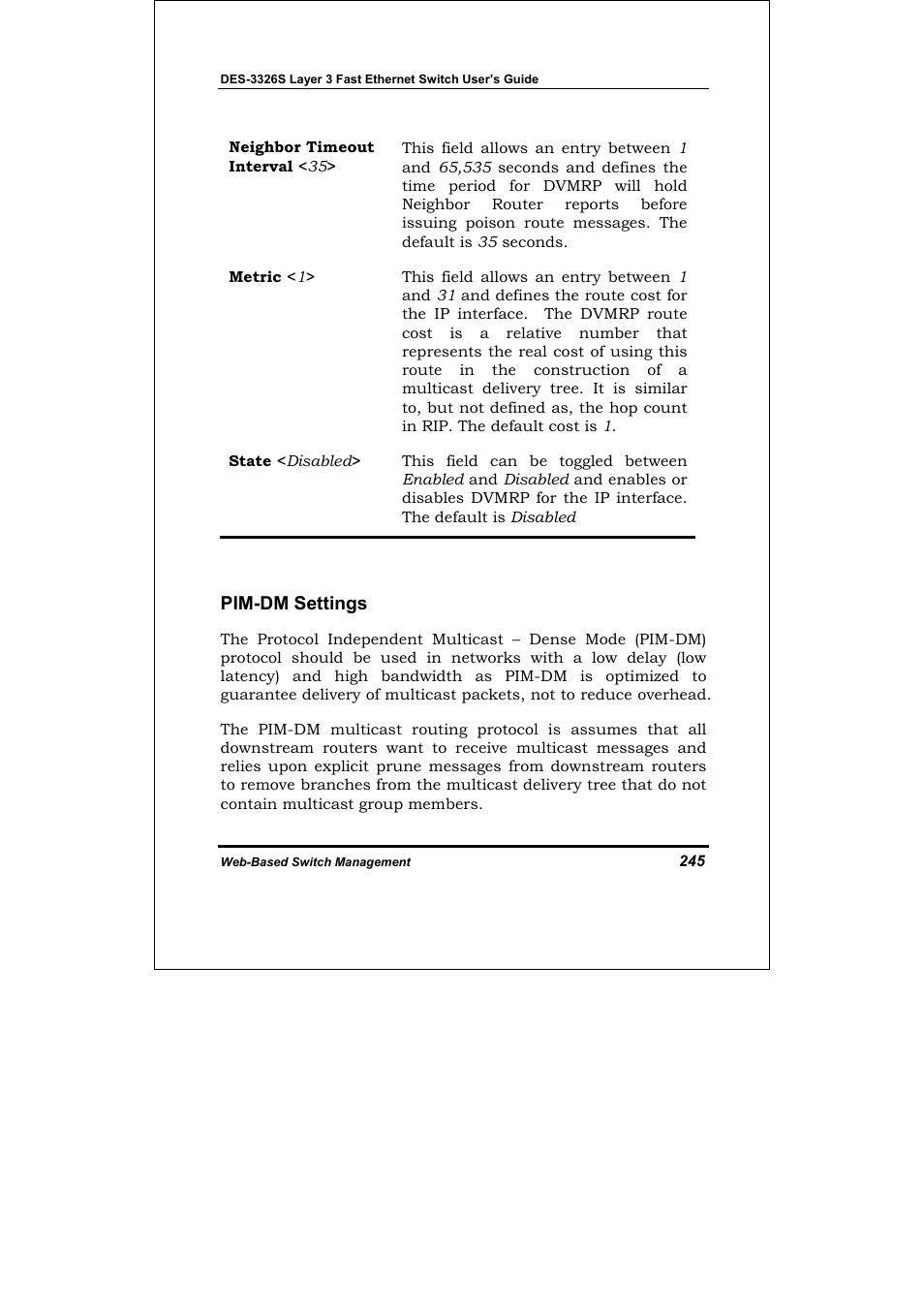 Pim-dm settings | D-Link DES-3326S User Manual | Page 245 / 349