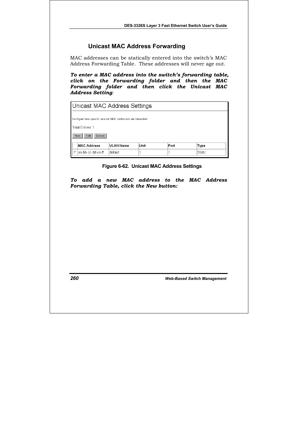 Unicast mac address forwarding | D-Link DES-3326S User Manual | Page 260 / 349