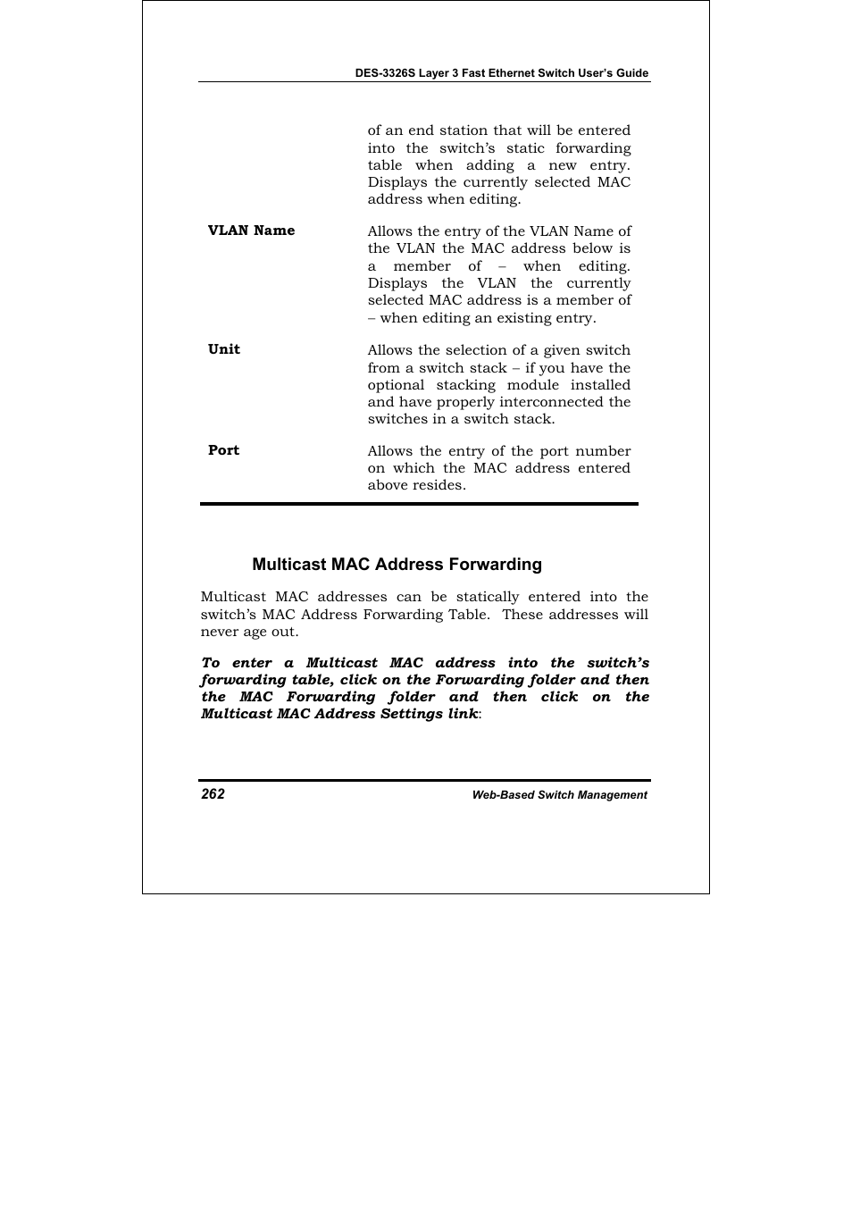 Multicast mac address forwarding | D-Link DES-3326S User Manual | Page 262 / 349
