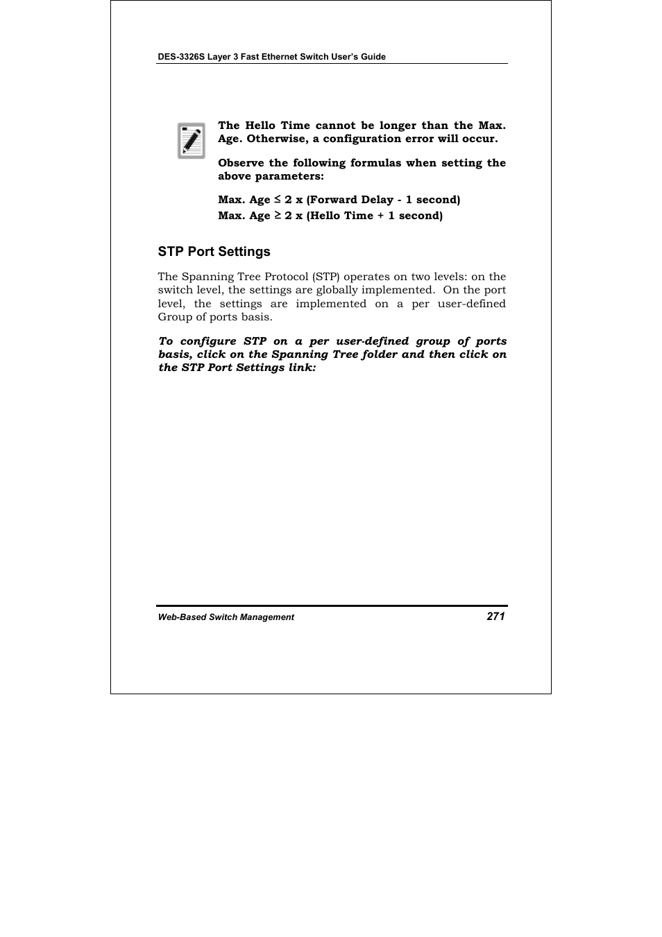 Stp port settings | D-Link DES-3326S User Manual | Page 271 / 349