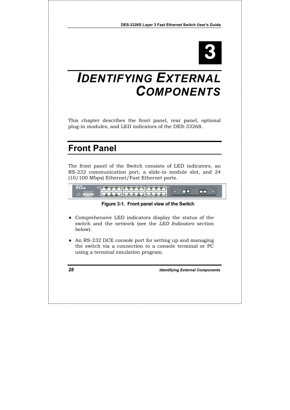 Identifying external components, Front panel, Dentifying | Xternal, Omponents | D-Link DES-3326S User Manual | Page 28 / 349