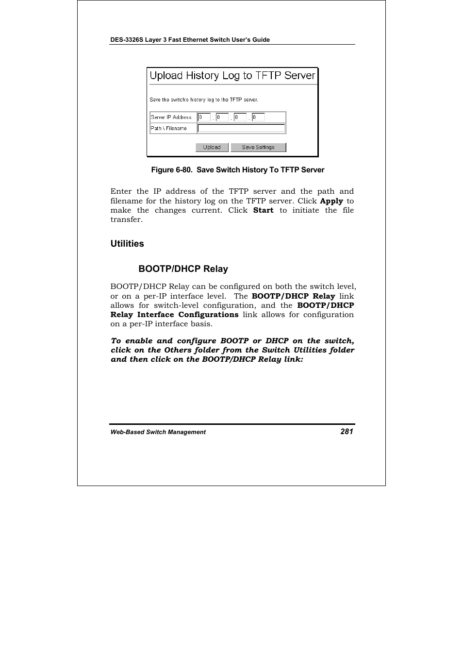 Bootp/dhcp relay, Utilities bootp/dhcp relay | D-Link DES-3326S User Manual | Page 281 / 349