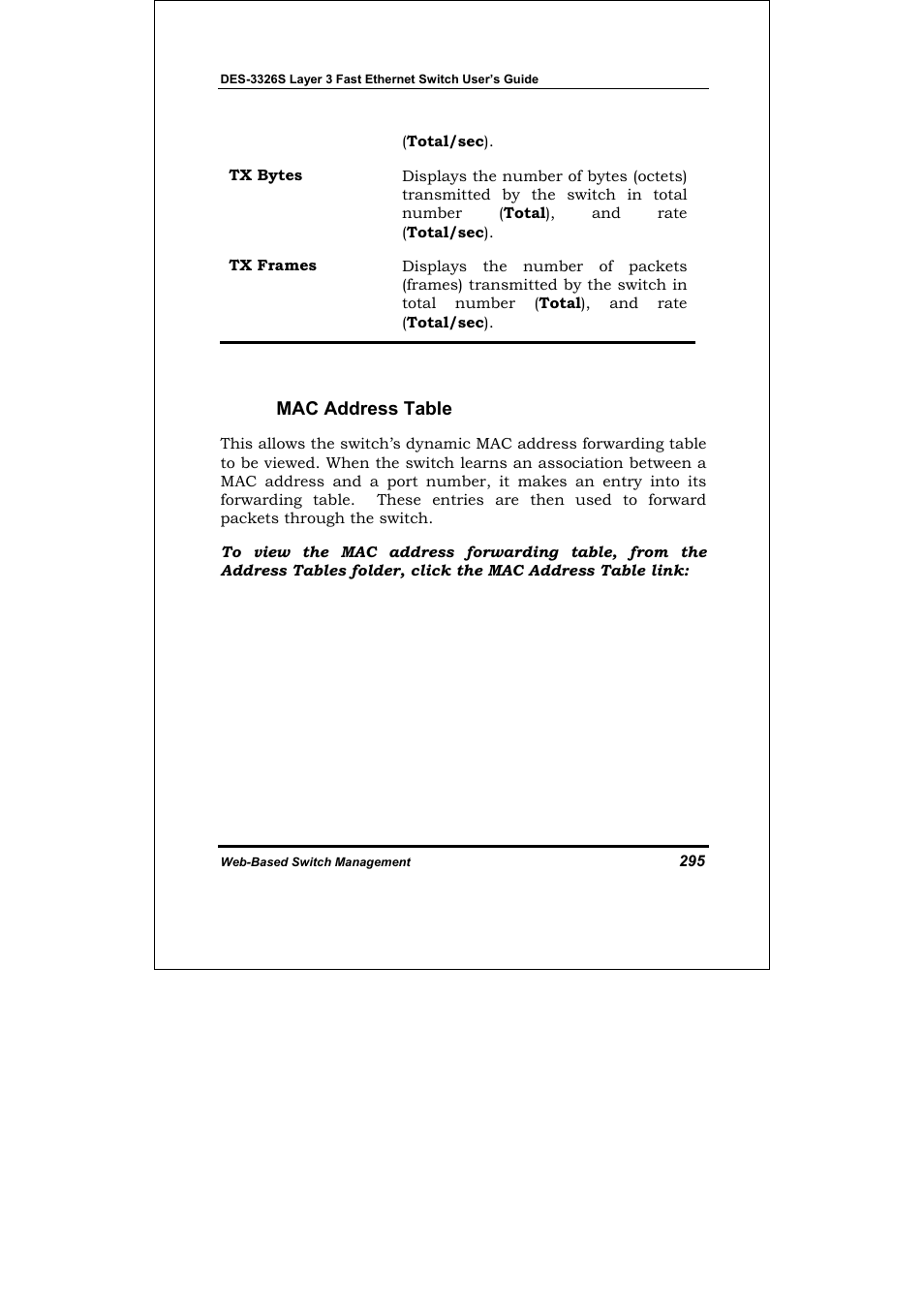 Mac address table | D-Link DES-3326S User Manual | Page 295 / 349