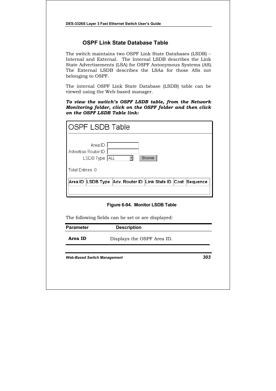 Ospf link state database table | D-Link DES-3326S User Manual | Page 303 / 349