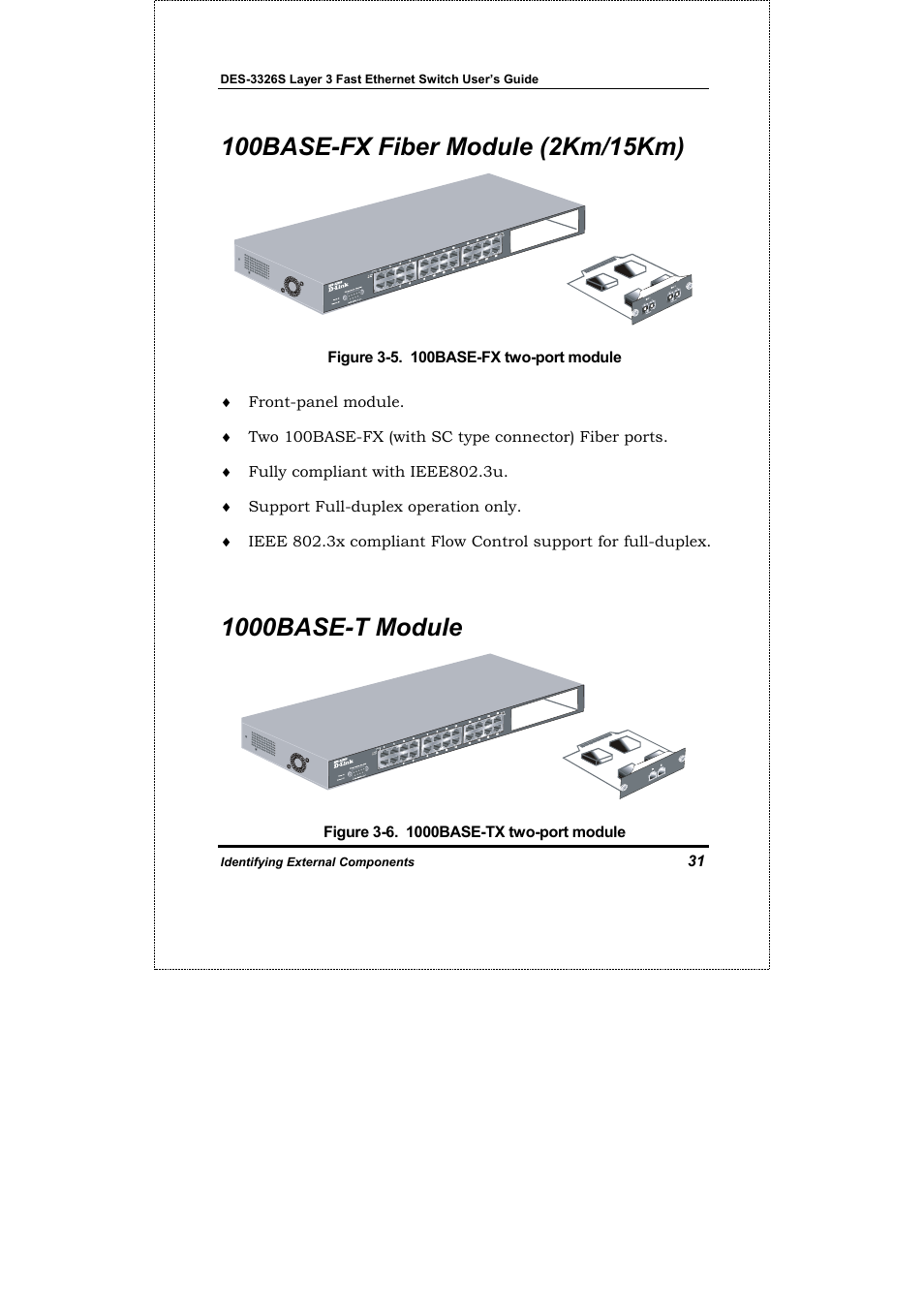 100base-fx fiber module (2km/15km), 1000base-t module | D-Link DES-3326S User Manual | Page 31 / 349