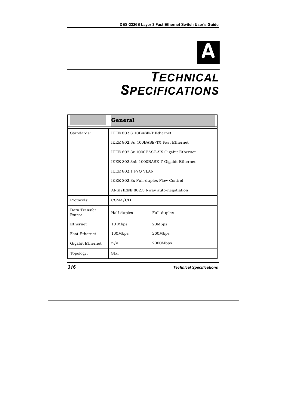 Technical specifications, Echnical, Pecifications | D-Link DES-3326S User Manual | Page 316 / 349