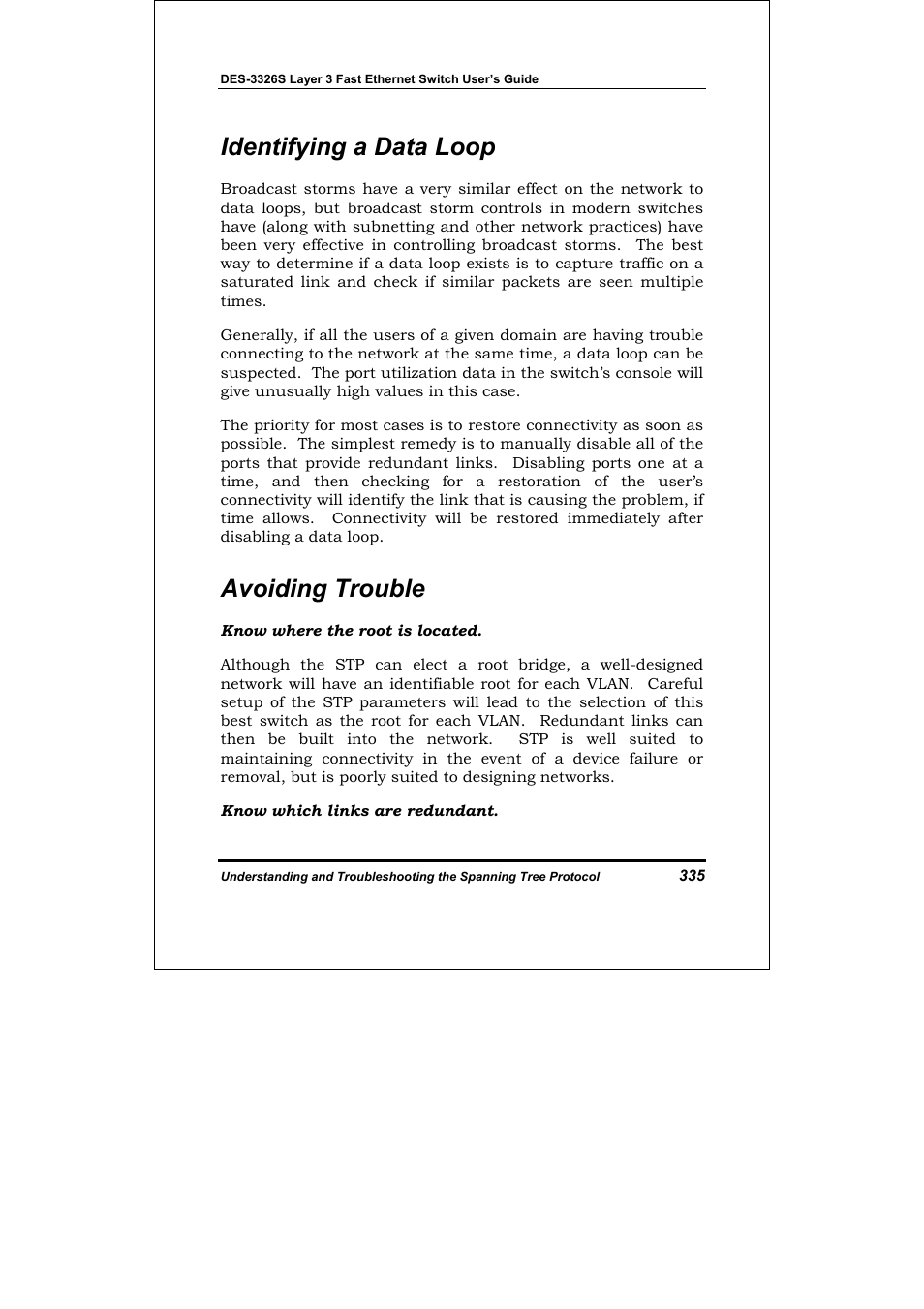 Identifying a data loop, Avoiding trouble | D-Link DES-3326S User Manual | Page 335 / 349