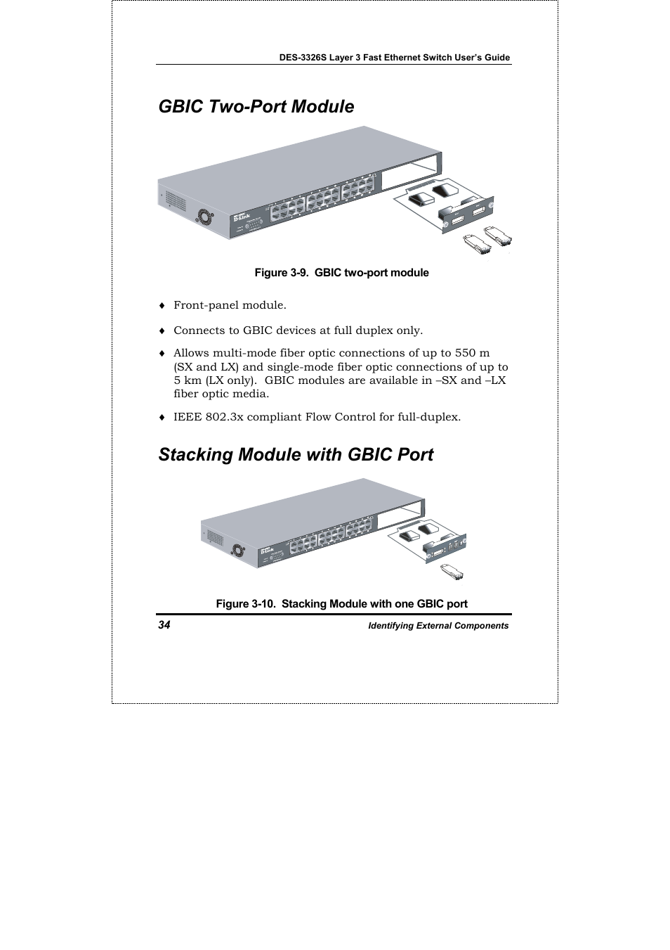 Gbic two-port module, Stacking module with gbic port | D-Link DES-3326S User Manual | Page 34 / 349