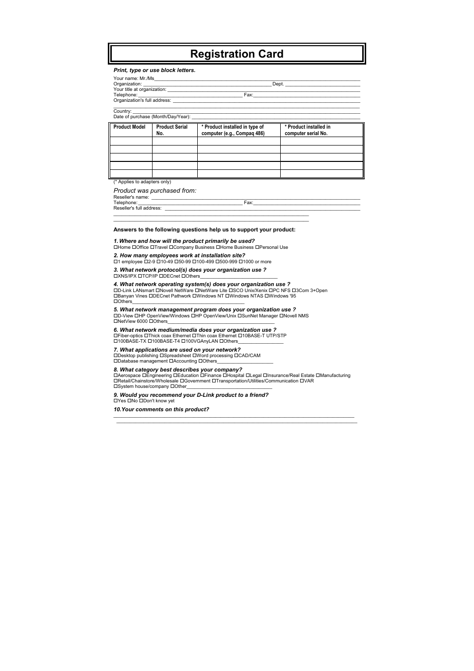Registration card | D-Link DES-3326S User Manual | Page 348 / 349