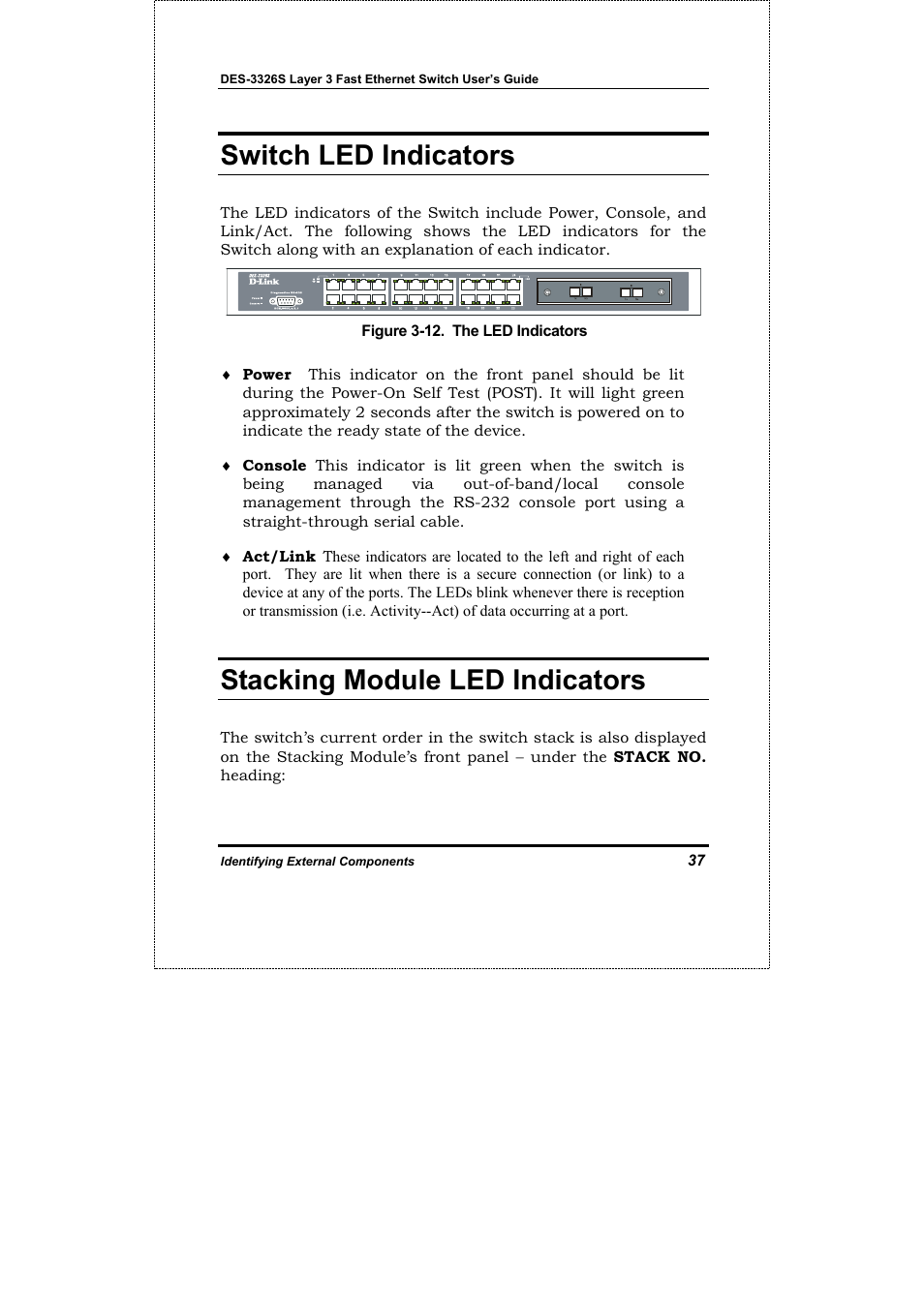 Switch led indicators, Stacking module led indicators | D-Link DES-3326S User Manual | Page 37 / 349