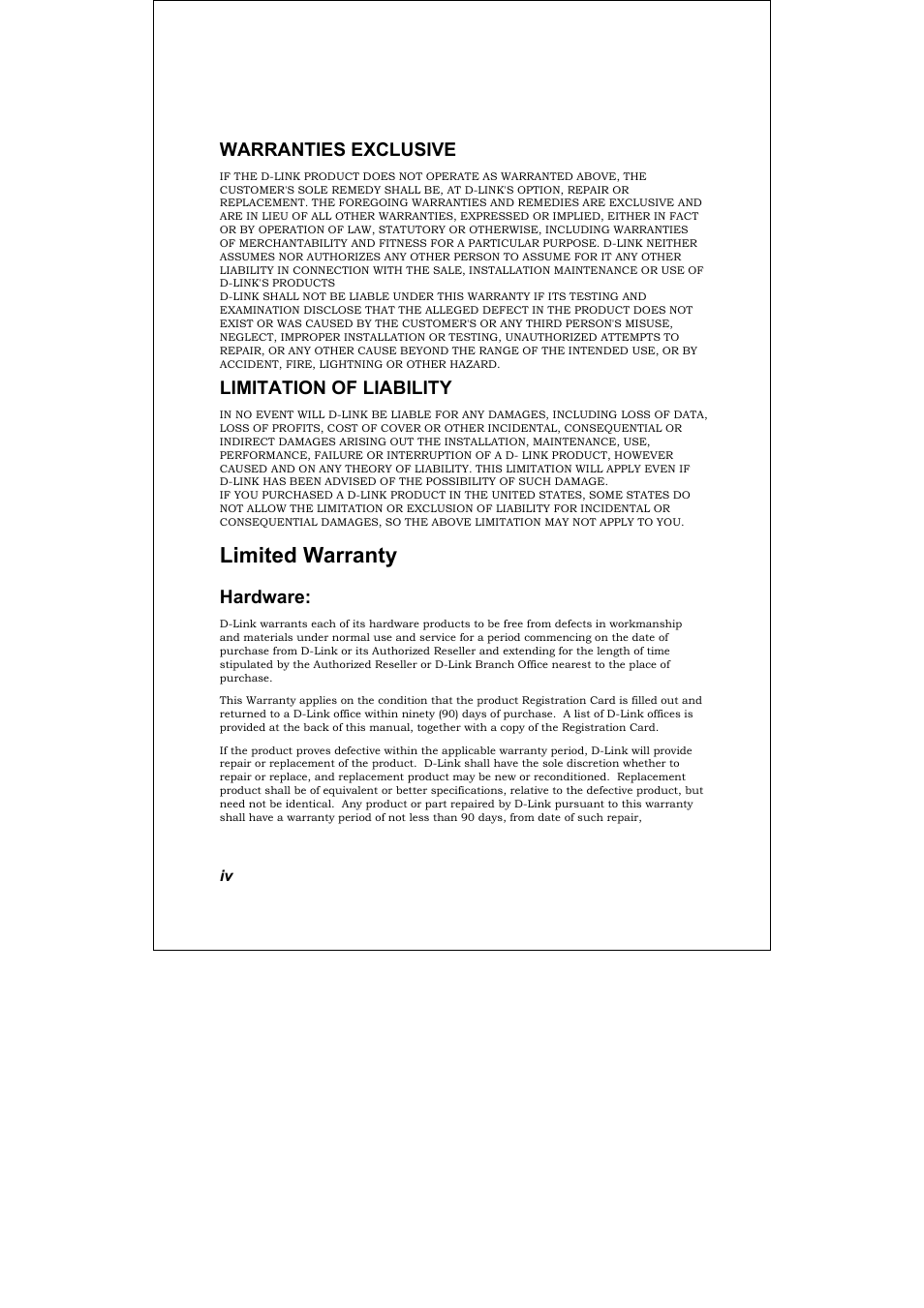 Limited warranty, Warranties exclusive, Limitation of liability | Hardware | D-Link DES-3326S User Manual | Page 4 / 349