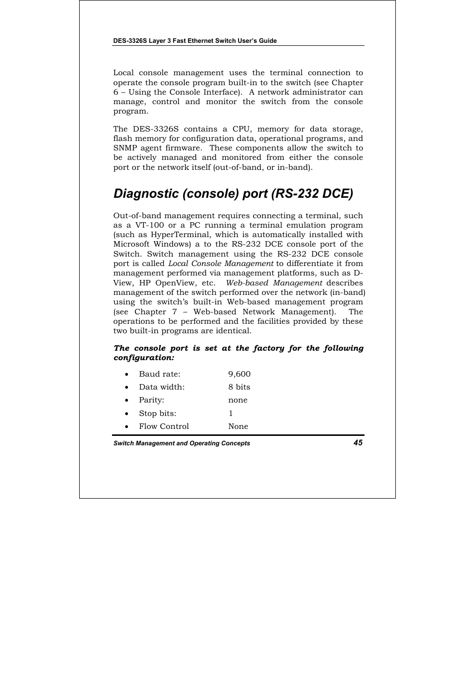 Diagnostic (console) port (rs-232 dce) | D-Link DES-3326S User Manual | Page 45 / 349