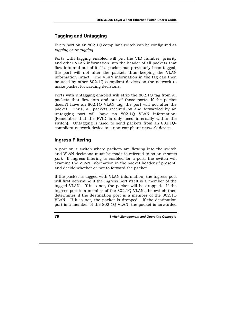 Tagging and untagging, Ingress filtering | D-Link DES-3326S User Manual | Page 78 / 349