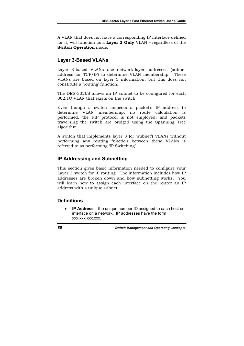 Layer 3-based vlans, Ip addressing and subnetting, Definitions | D-Link DES-3326S User Manual | Page 80 / 349