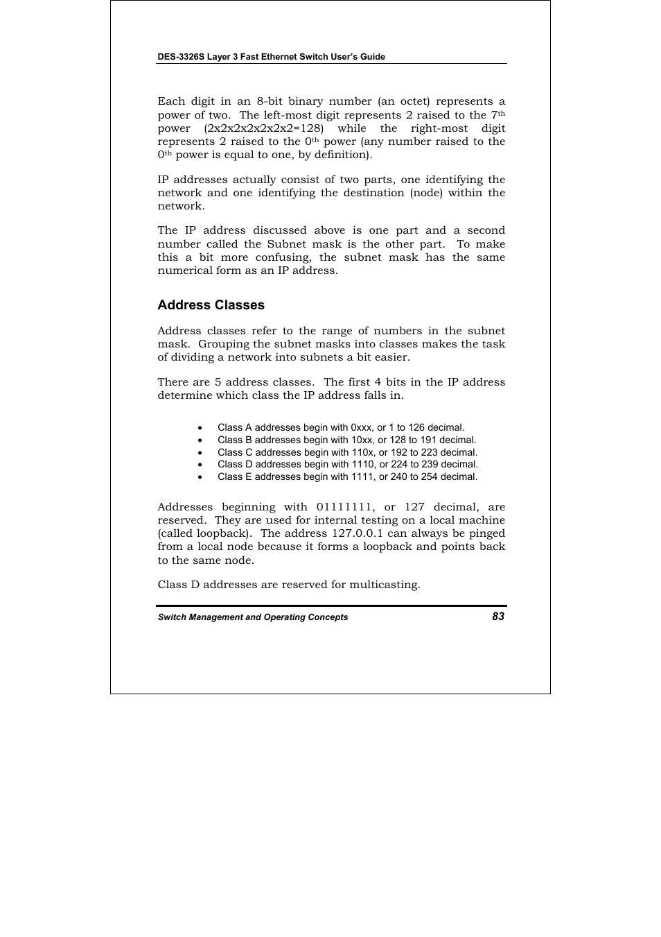 Address classes | D-Link DES-3326S User Manual | Page 83 / 349
