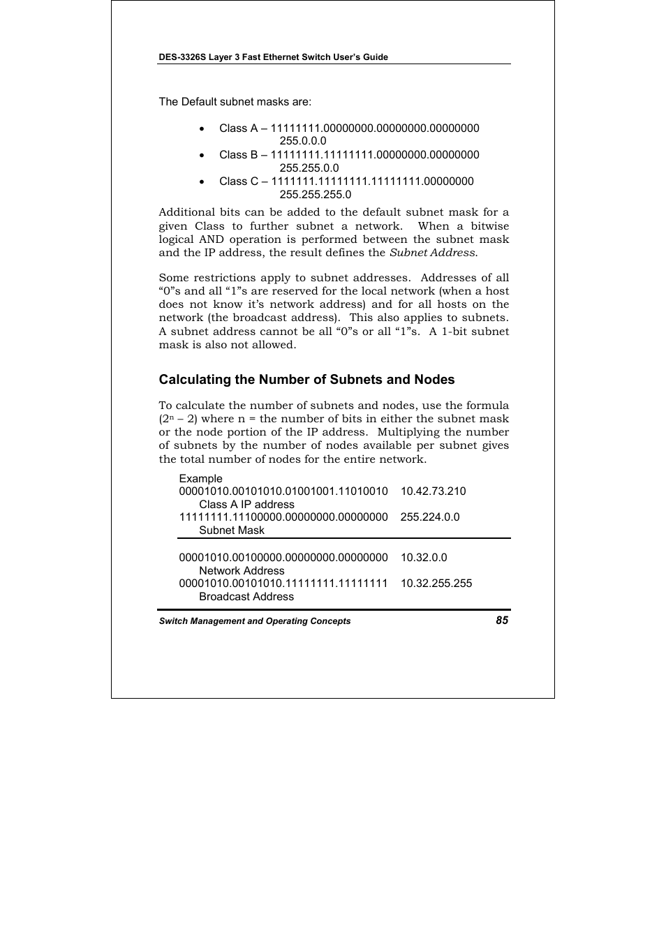 Calculating the number of subnets and nodes | D-Link DES-3326S User Manual | Page 85 / 349