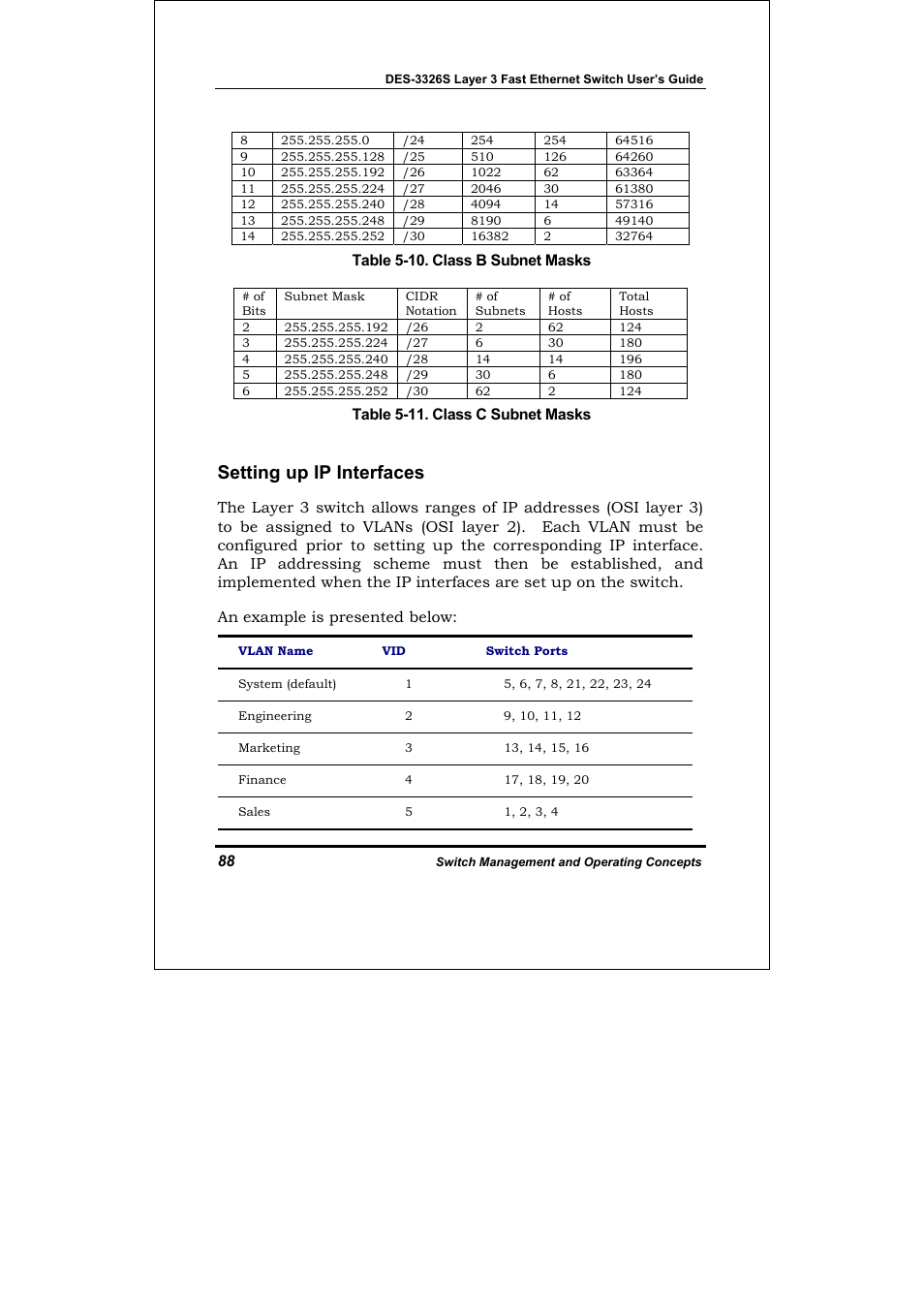 Setting up ip interfaces, Table 5-10. class b subnet masks, Table 5-11. class c subnet masks | D-Link DES-3326S User Manual | Page 88 / 349