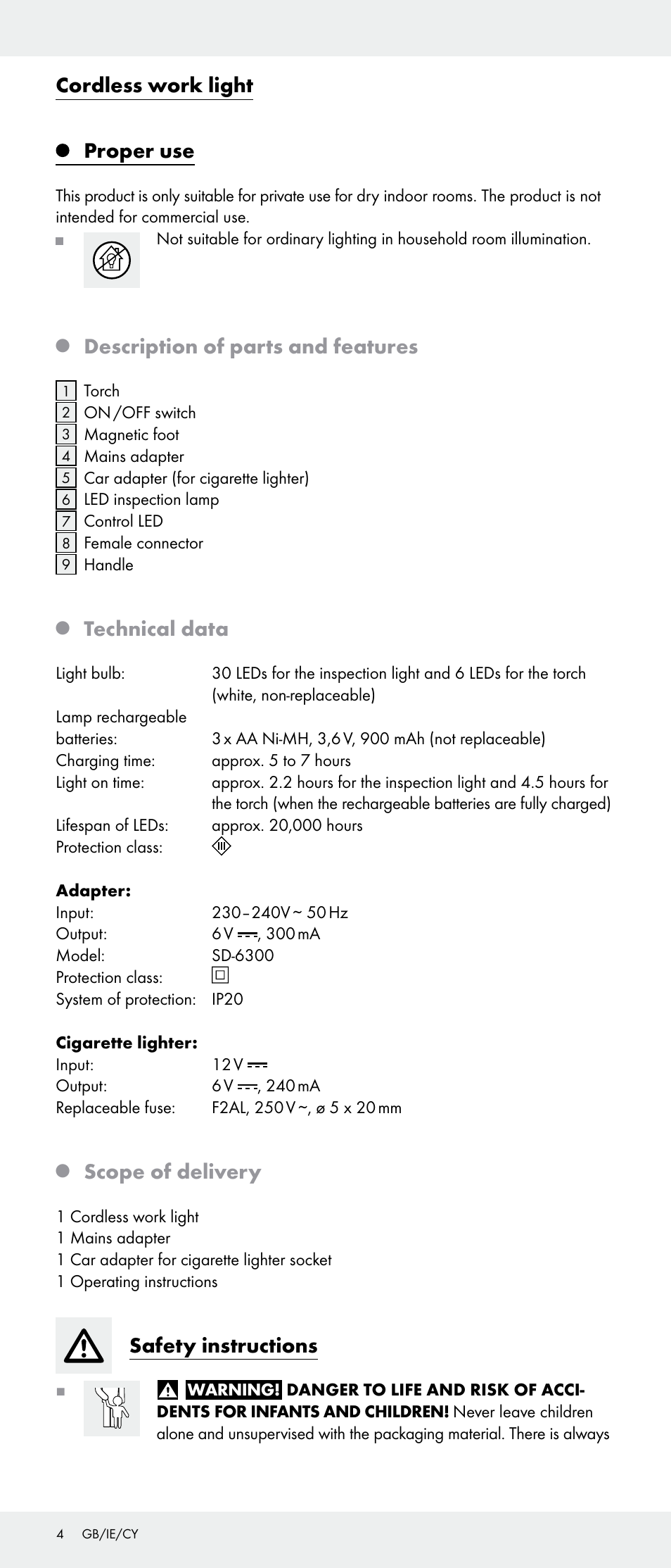 Cordless work light, Proper use, Description of parts and features | Technical data, Scope of delivery, Safety instructions | Livarno 103745-14-01-BS/103745-14-02-BS User Manual | Page 4 / 13