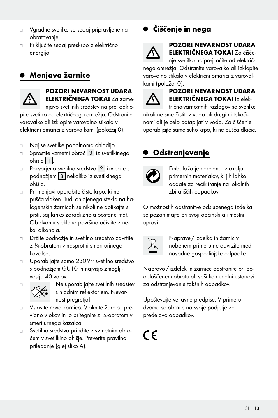 Menjava žarnice, Čiščenje in nega, Odstranjevanje | Livarno Z31669A/Z31669B User Manual | Page 13 / 25