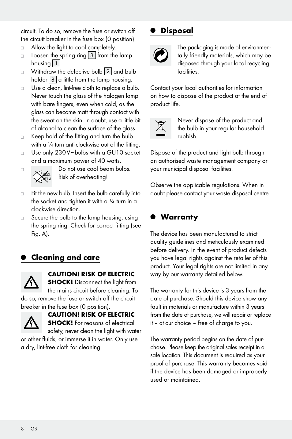 Cleaning and care, Disposal, Warranty | Livarno Z31669A/Z31669B User Manual | Page 8 / 25