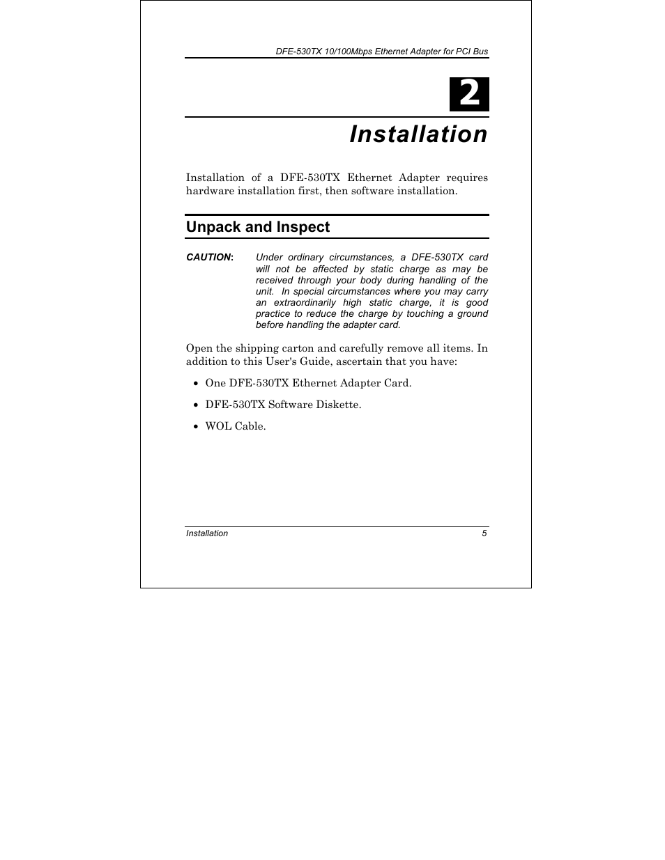 Installation, Unpack and inspect | D-Link DFE-530TX+ User Manual | Page 13 / 27