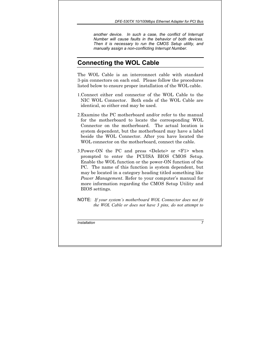 Connecting the wol cable | D-Link DFE-530TX+ User Manual | Page 15 / 27