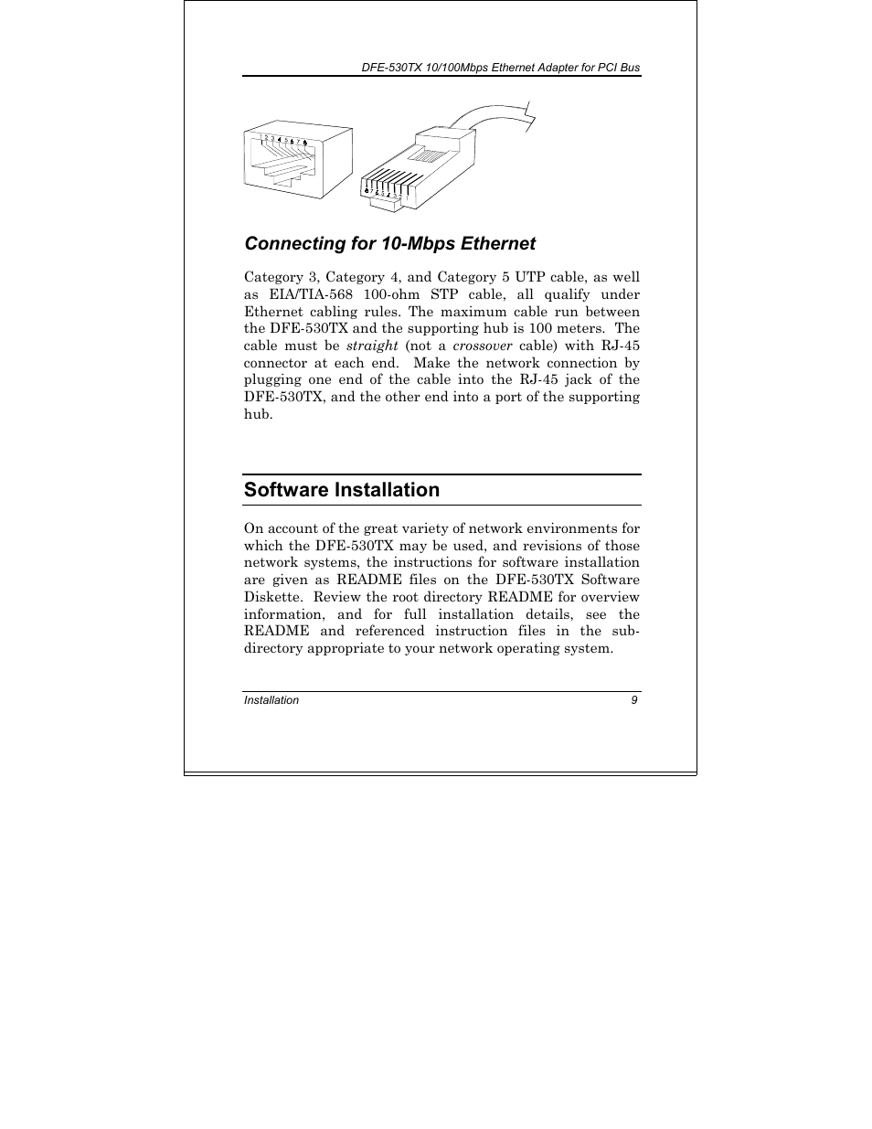 Connecting for 10-mbps ethernet, Software installation | D-Link DFE-530TX+ User Manual | Page 17 / 27