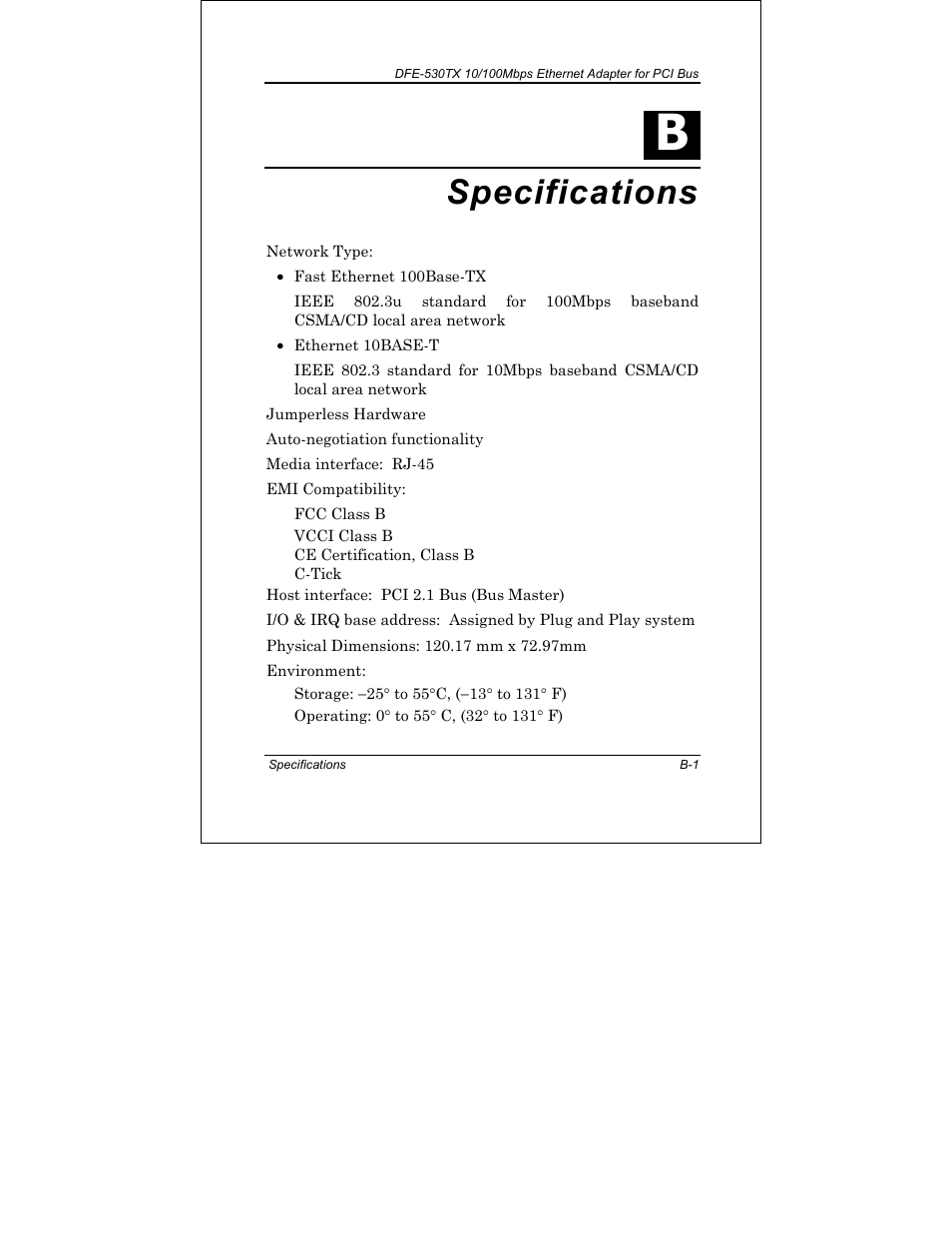 Specifications | D-Link DFE-530TX+ User Manual | Page 21 / 27